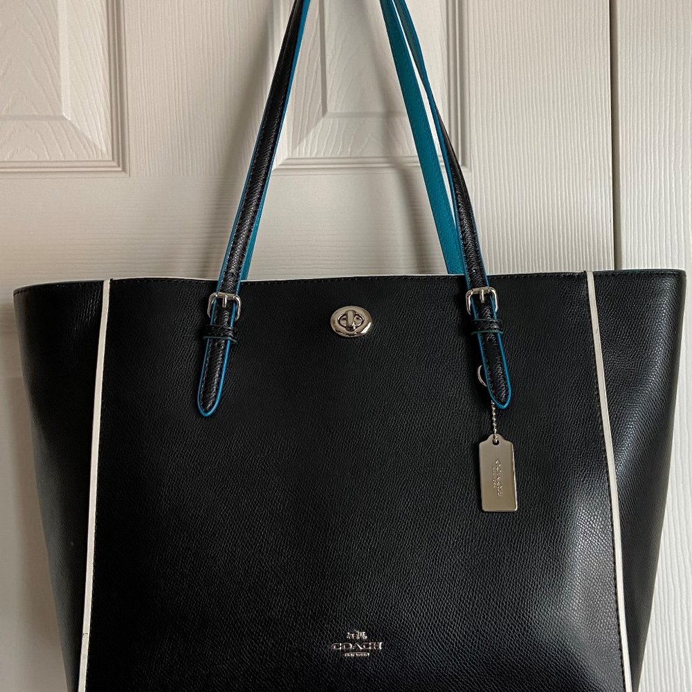 Edgestain Turnlock COACH bag black teal leather tote large purse